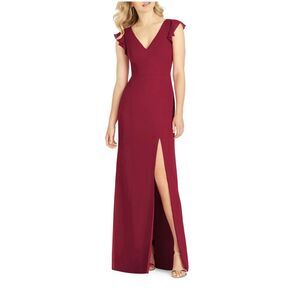 After Six V Neck Burgundy Ruffle Floor Length Evening Dress Sz 6